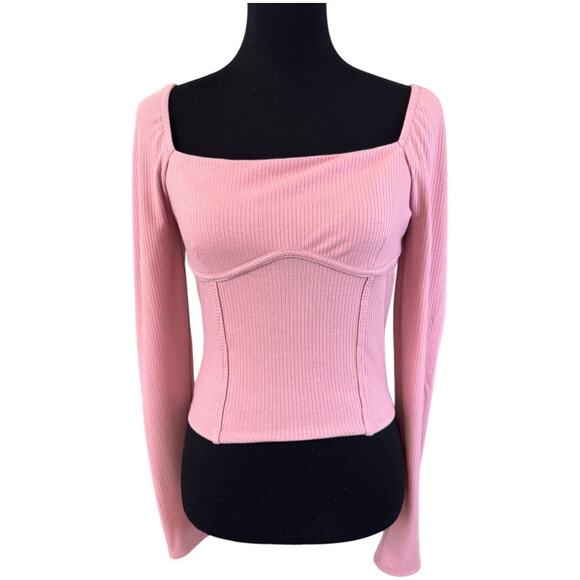 NEW LUSH NORDSTROM Pink Long Sleeve Ribbed Crop Top Size M - Picture 1 of 5